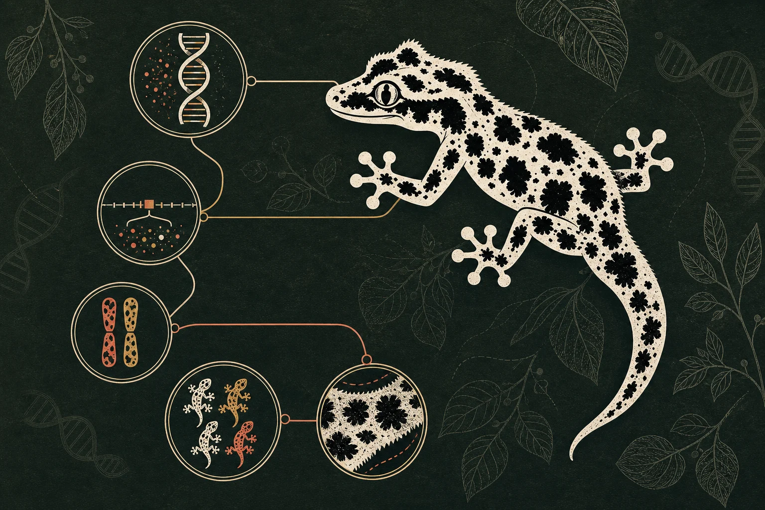 Digital editorial illustration of crested gecko genetics