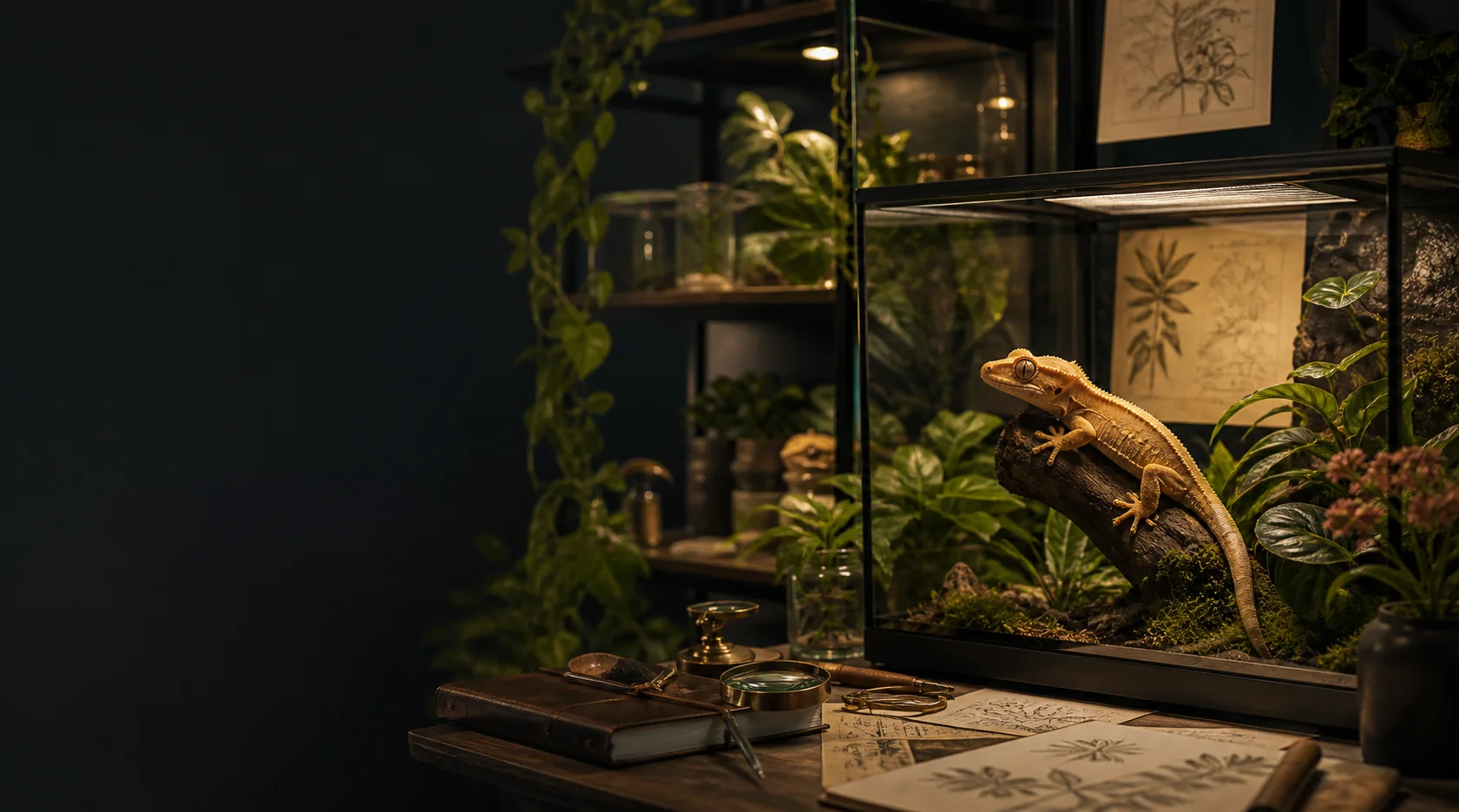 Mo's Jungle Monsters studio with a planted habitat and a crested gecko