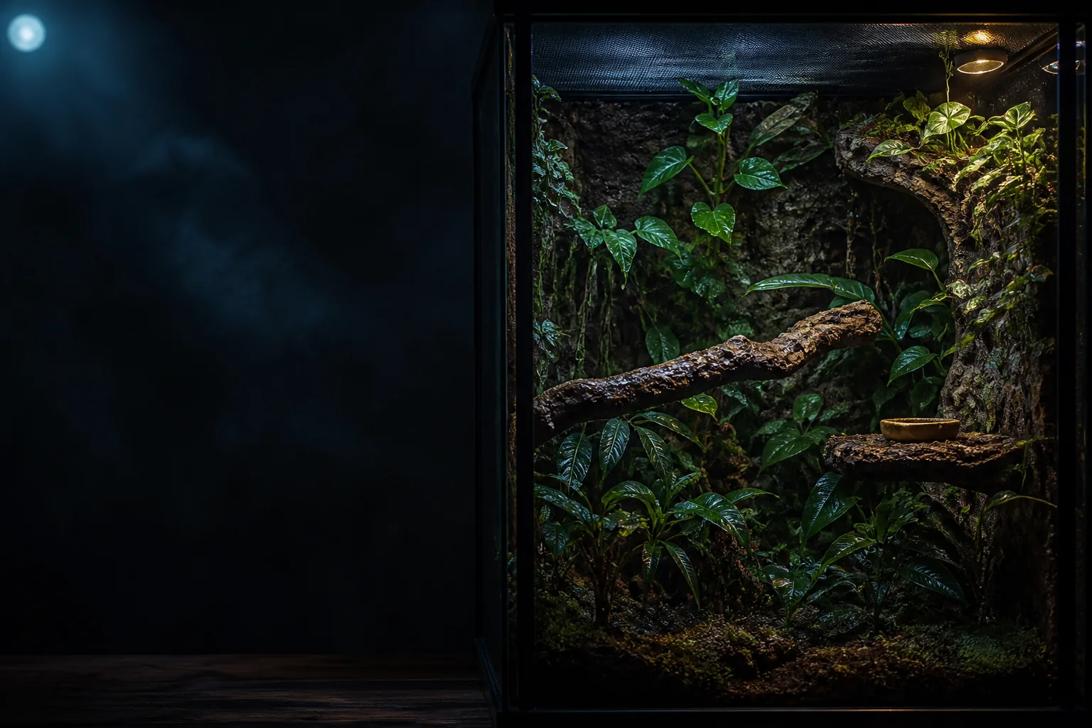 An empty moonlit planted enclosure awaiting a future resident