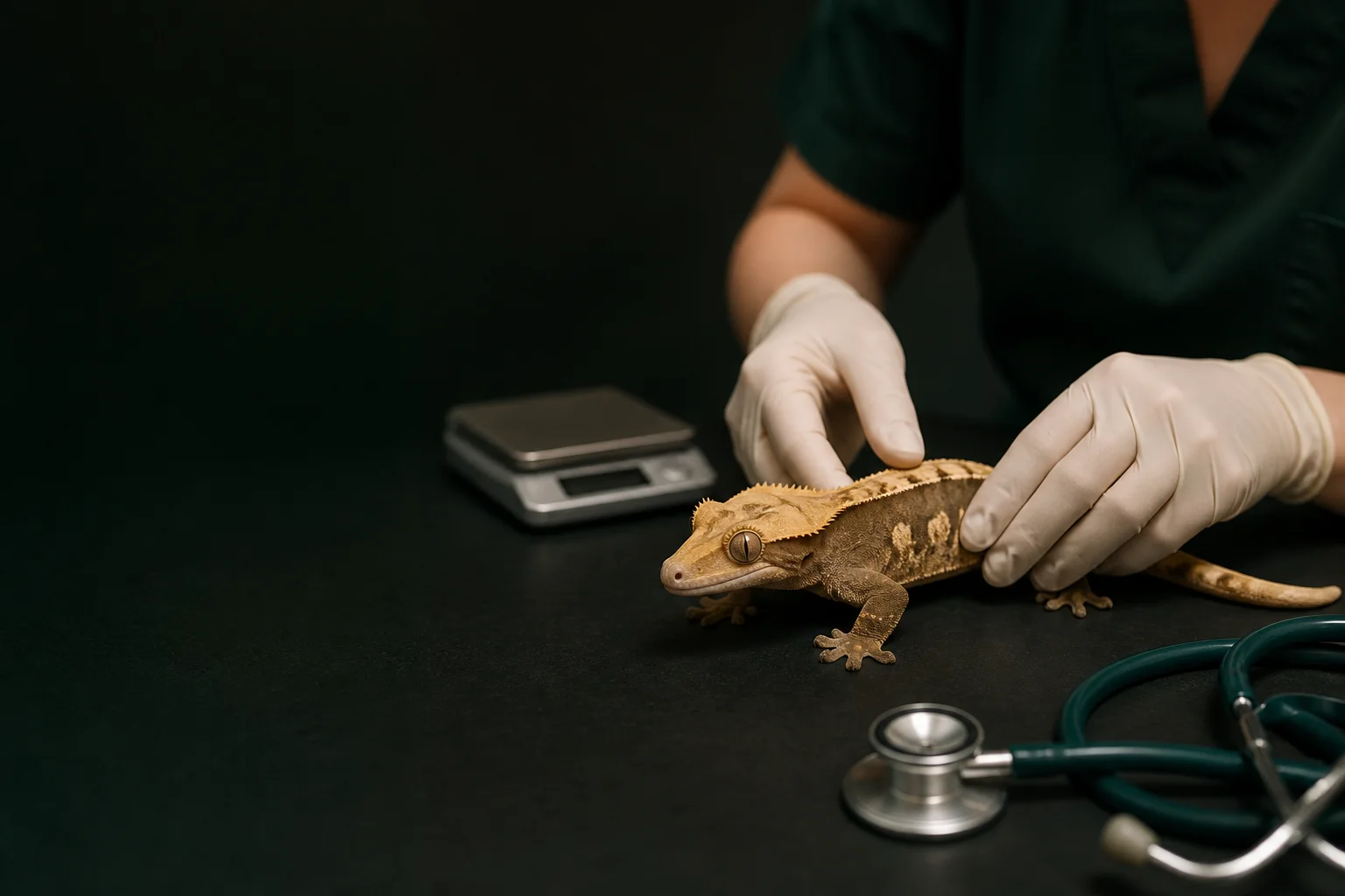 A crested gecko receiving a gentle wellness examination
