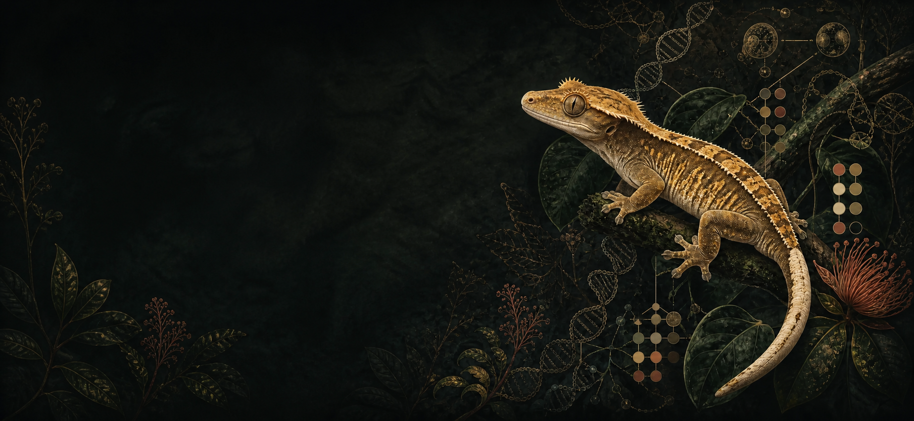 A fully framed crested gecko beside subtle DNA motifs