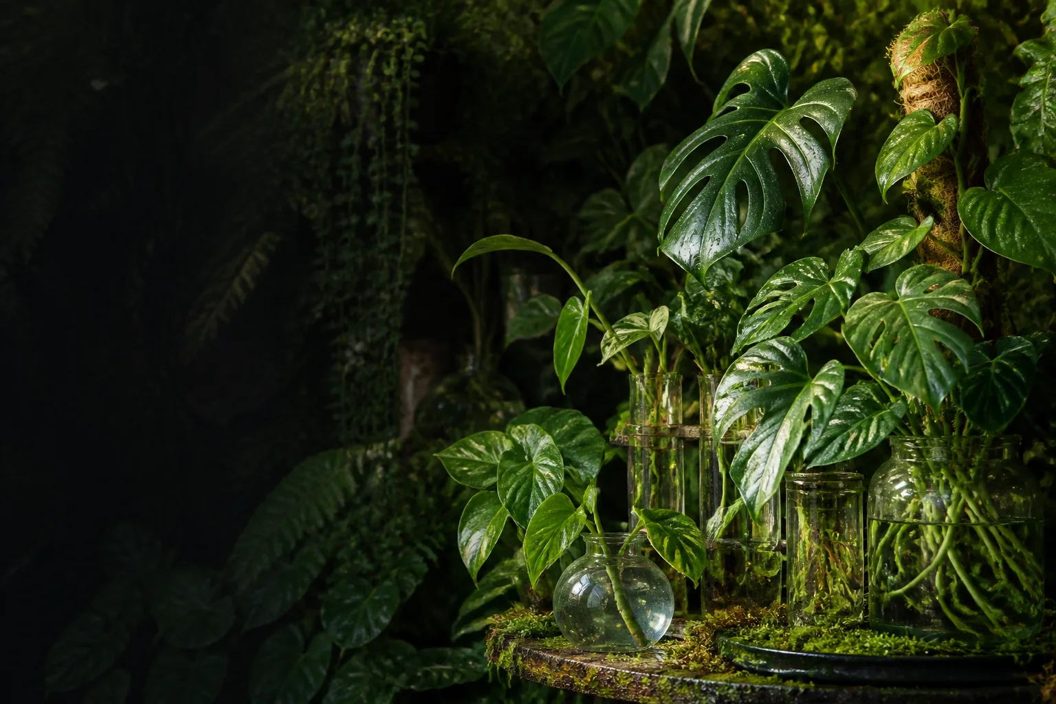 Tropical cuttings, roots, leaves, and propagation vessels in a plant studio