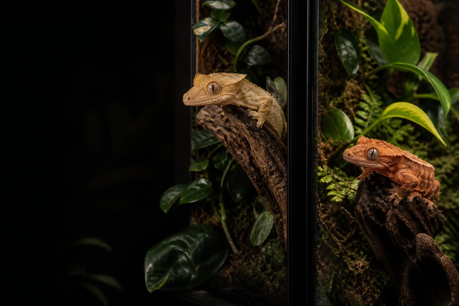 Two crested geckos in separate neighboring planted habitats