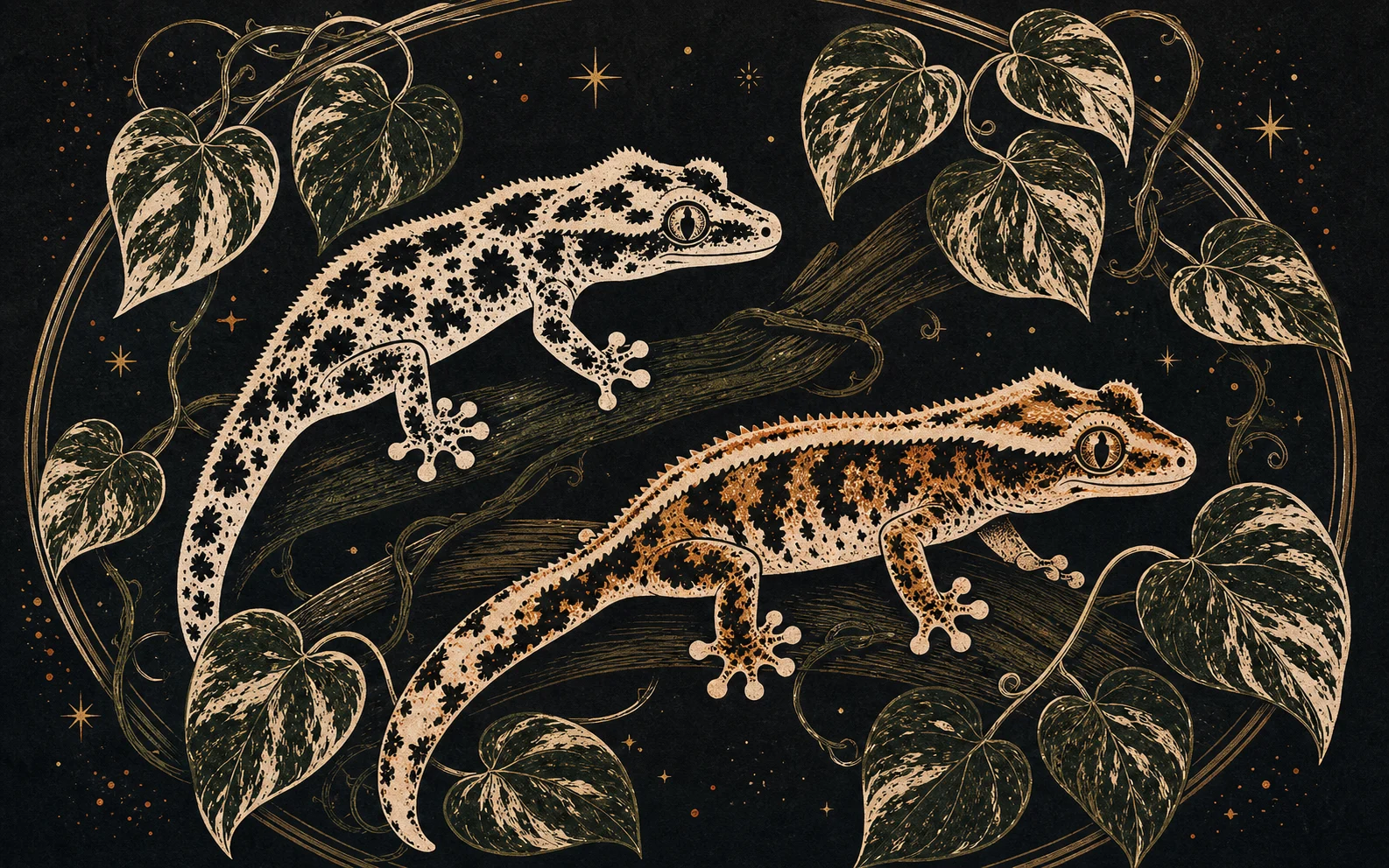 Illustrated crested geckos among pothos vines